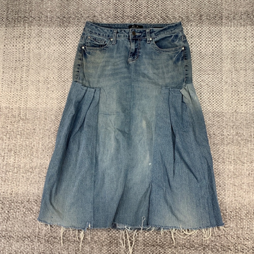 Earl Jean Denim Skirt Womens 6 Blue Godet Midi Frayed Hem Rhinestone Rivets